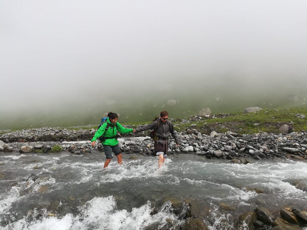 Crossing Kara stream , enroute Bhabha pass trek